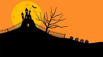 halloween kasteel vlak ontwerp vector illustratie. halloween banier met silhouet van eng kasteel Aan oranje achtergrond met vol maan. illustratie voor vakantie kaarten, uitnodigingen, banners