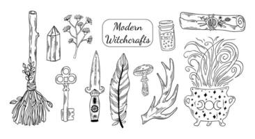 zwart schets hekserij symbolen clip art. hand- tekening lijn kunst. veerkracht, hert Hoorn, bloemen, magisch krul, heks ketel en mes modern heks illustratie. vector