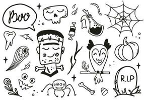 gelukkig halloween schattig vector reeks met ondood, uil, toverdrank, spin, schedel, graf, oogbol geïsoleerd Aan wit achtergrond. boe toespraak bubbel belettering citaat in tekening stijl