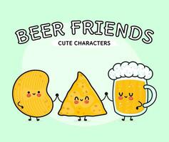 schattig, grappig vrolijk glas bier, nacho's en chips. vector hand getekend kawaii stripfiguren, illustratie pictogram. grappige happy cartoon glas bier nachos chips mascotte vrienden emoji, kind, baby, gezicht