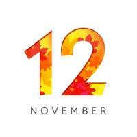 november 12 kalender aantal logo. herfst teken concept. ontwerper of banier sjabloon. 1 en 2 symbool. creatief icoon met vallen bladeren. seizoensgebonden embleem met rood, geel en oranje kleuren, omhoog naar 12 procent vector