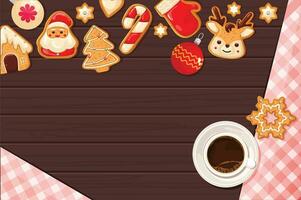 Kerstmis koekjes met suikerglazuur en koffie Aan een houten achtergrond vector