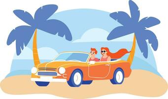 hand- getrokken toeristen rit cabrio's auto naar de strand in vlak stijl vector