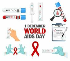 een reeks van pictogrammen Aan de onderwerp van AIDS en hiv. handen tonen hart met lint, symbool van AIDS, hiv. wereld AIDS dag 1 december, rood lintje. bloed test.vector vector