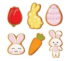 Pasen peperkoek koekjes icoon, Pasen vakantie, gekleurde eieren, wortel en konijn. vector Pasen