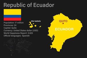 zeer gedetailleerde kaart van ecuador met vlag, hoofdstad en kleine wereldkaart vector