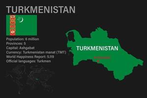 zeer gedetailleerde Turkmenistan-kaart met vlag, hoofdstad en kleine kaart van de wereld vector