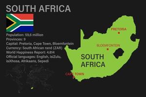 zeer gedetailleerde kaart van Zuid-Afrika met vlag, hoofdstad en kleine wereldkaart vector