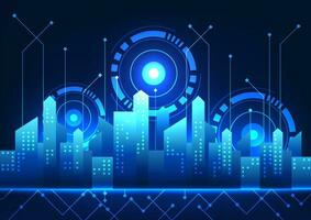 slim stad technologie een stad met gebouwen bekleed omhoog achter een technologie cirkel met technologie cirkels. het vertegenwoordigt een slim stad dat biedt gemak. beter leven voorwaarden vector