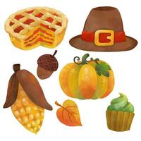 waterverf dankzegging elementen met taart, pelgrim hoed, maïs, eikel, pompoen, herfst blad en koekje illustratie vector