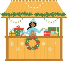 Kerstmis kraam. jong Afrikaanse Amerikaans vrouw verkoopt cadeaus Bij de kiosk. Kerstmis markt. festival stellage. vector illustratie.