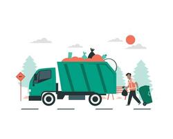 vuilnis vrachtauto en Mens met zak vol van afval. vlak stijl ontwerp vector illustratie voor duurzaamheid praktijken conceptueel.
