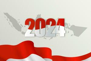 gelukkig nieuw jaar 2024. feestelijk realistisch decoratie. vieren 2024 partij Aan Indonesië land vlag en kaarten. vector