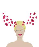 concept illustratie van de mooi vrouw met bloemen gaan van haar hoofd. romantisch humeur illustratie. mooi blond vrouw portret Aan wit vector