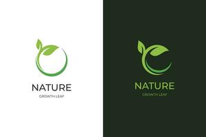 groeit blad logo icoon ontwerp, cirkel aarde met fabriek grafisch element, symbool, teken voor groen aarde dag, natuur wereldbol en vergroening aarde logo sjabloon vector