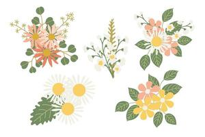 gemakkelijk vlak hand- getrokken boeketten van wild bloemen elementen voor decoreren groet kaarten, uitnodigingen, spandoeken. vector illustratie