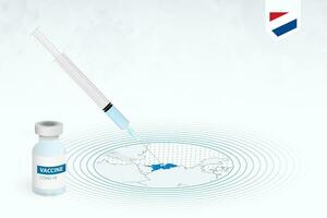 covid-19 vaccinatie in nederland, coronavirus vaccinatie illustratie met vaccin fles en injectiespuit injectie in kaart van nederland. vector