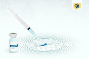 covid-19 vaccinatie in nieuw Jersey, coronavirus vaccinatie illustratie met vaccin fles en injectiespuit injectie in kaart van nieuw Jersey. vector