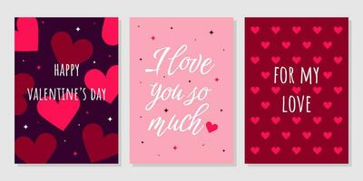 Valentijnsdag dag groet kaart set. hand- getrokken modieus tekenfilm hart, liefde belettering. vector illustratie