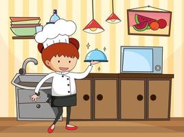 kleine chef-kok in de keukenscène met apparatuur vector