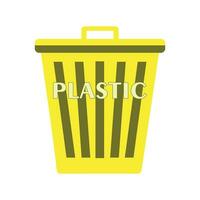 plastic vuilnis sorteren. geel houder voor plastic afval. pakketjes, flessen en borden. zorgzaam voor omgeving, natuur en atmosfeer, nul verspilling levensstijl. tekenfilm vlak vector illustratie