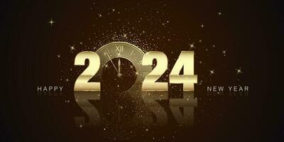gelukkig nieuw jaar en vrolijk Kerstmis concept. gouden tekst 2024 met klok countdown in plaats daarvan nul. vakantie groet kaart ontwerp. vector illustratie
