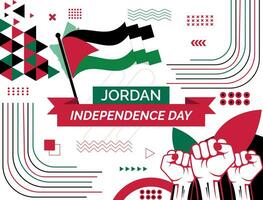 Jordanië nationaal dag banier met kaart, vlag kleuren thema achtergrond en meetkundig abstract retro modern kleurrijk ontwerp met verheven handen of vuisten. vector
