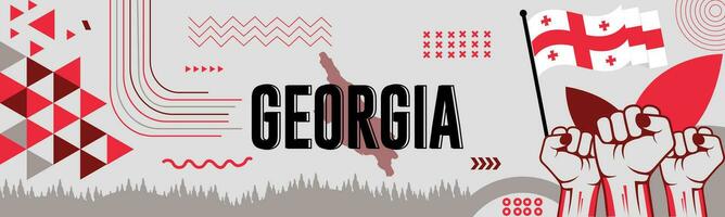 Georgië nationaal dag banier met kaart, vlag kleuren thema achtergrond en meetkundig abstract retro modern kleurrijk ontwerp met verheven handen of vuisten. vector