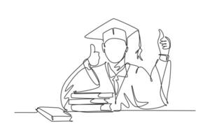 single een lijn tekening jong gelukkig afstuderen mannetje college leerling vervelend diploma uitreiking uniform, geven duimen omhoog gebaar in voorkant van boeken stapel. doorlopend lijn trek ontwerp grafisch vector illustratie