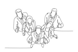 single doorlopend lijn tekening groep van lijn omhoog jong zakenlieden en zakenvrouw staand samen geven duimen omhoog gebaar of houding van top visie. een lijn trek grafisch ontwerp vector illustratie
