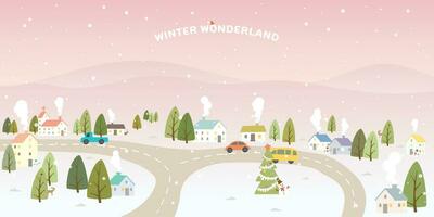 winter wonderland met dramatisch lucht achtergrond kinderachtig stijl vector illustratie. vrolijk Kerstmis groet kaart sjabloon.