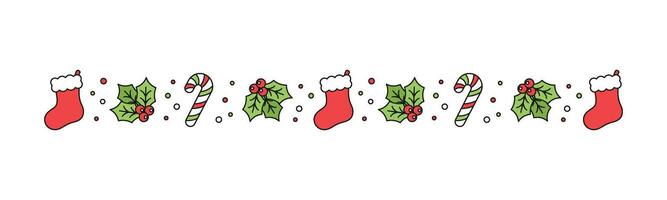 Kerstmis themed decoratief grens en tekst verdeler, Kerstmis kous, snoep riet en maretak patroon. vector illustratie.