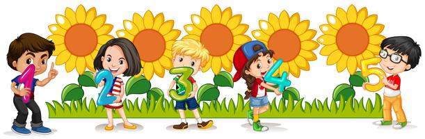 Getallen tellen met gelukkige kinderen en zonnebloemen vector