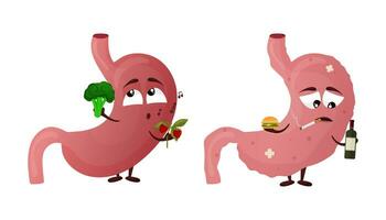 tekenfilm maag karakter. concept gezond en ziek menselijk intern orgaan. vector illustratie
