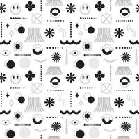 zwart en wit naadloos patroon met abstract geometrisch, vetgedrukt, lineair vormen. rooster, glimlachen gezicht, bloemen. brutalisme, retro futurisme stijl geïnspireerd. voor web ontwerp, dekt, textiel. vector achtergrond