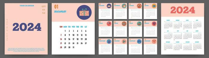 kalender 2024 jaar. week begint Aan zondag. ontwerp voor planner, afdrukken, briefpapier, organisator. vector