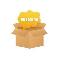 uitpakken, pakket uitpakken sjabloon. doos open. vector voorraad illustratie