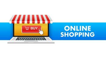 boodschappen doen online Aan website. online op te slaan, winkel concept Aan laptop scherm. vector illustratie.