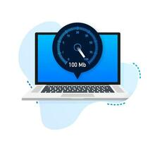 snelheid test Aan laptop. snelheidsmeter internet snelheid 100 mb. website snelheid bezig met laden tijd. vector illustratie