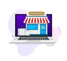 boodschappen doen online Aan website. online op te slaan, winkel concept Aan laptop scherm. vector illustratie.