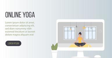 jonge vrouw die thuis online yoga beoefent. vector illustratie