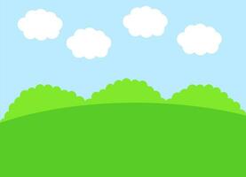 landschap met veld, blauw lucht en wolken.groen heuvel.park of buiten.weide behang.zomer of voorjaar achtergrond.tuin of gras.bos.boerderij en platteland landschap.cartoon vector illustratie.