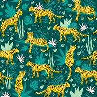 naadloos patroon met luipaarden en tropische bladeren. vector