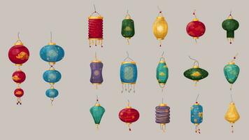 vector reeks van kleurrijk Chinese lantaarns met ornamenten. symbool van Chinese nieuw jaar, midden herfst festival, lantaarn festival. tekenfilm stijlillustraties voor composities en kaarten