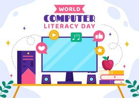 wereld computer geletterdheid dag vector illustratie Aan december 2 met boek en media uitrusting in onderwijs vakantie tekenfilm hand- getrokken Sjablonen