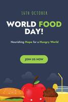 wereld voedsel dag. 16e oktober voedsel dag viering. voedsel dag wens vector sociaal media post met appel, hamburger, muffin pictogrammen. voedsel dag bewustzijn concept.