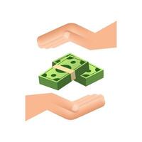 vlak geld hand- voor concept ontwerp. hand- Holding groen geld bankbiljetten. vlak ontwerp vector