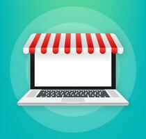 boodschappen doen online Aan website. online op te slaan, winkel concept Aan laptop scherm. vector illustratie