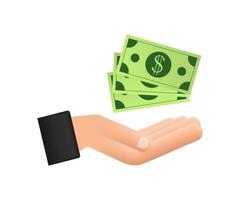 vlak geld hand- voor concept ontwerp. hand- Holding groen geld bankbiljetten. vlak ontwerp vector