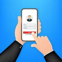 teken in naar account, gebruiker machtiging, Log in authenticatie bladzijde concept. smartphone met Log in en wachtwoord het formulier bladzijde Aan scherm. vector voorraad illustratie.